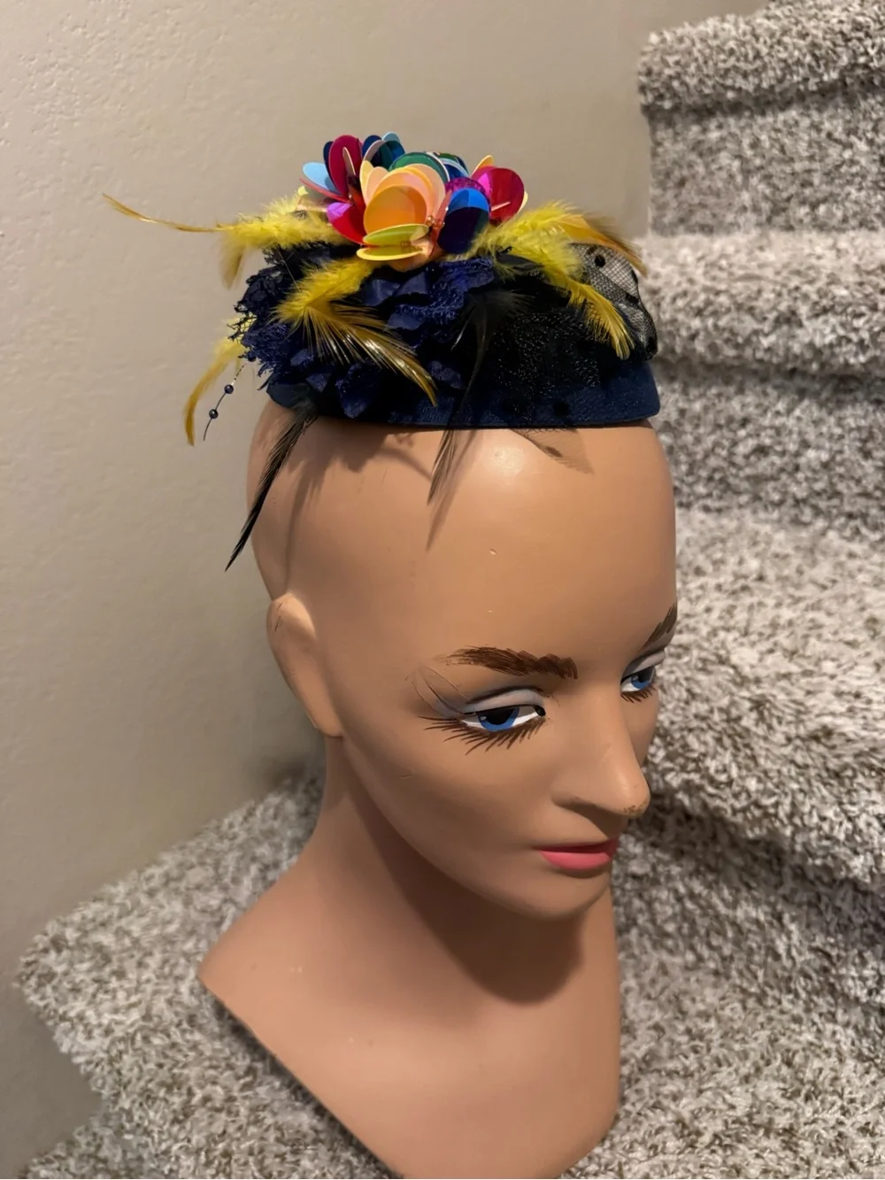Navy Blue Feathered Fascinator Headpiece with Multicolor sequins